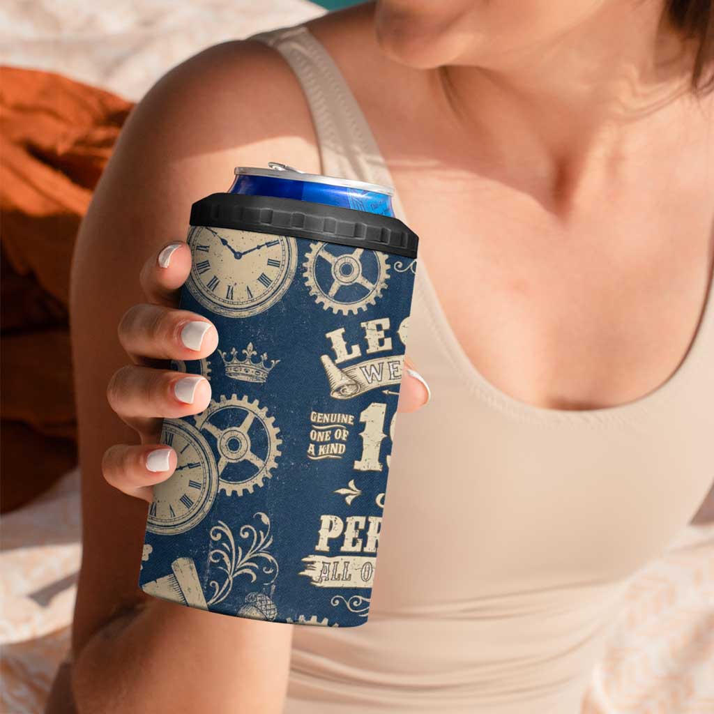 Legend 1976 Vintage Gears and Scrolls Design 4 in 1 Can Cooler Tumbler with Crown Motif in Classic Blue and Beige Retro