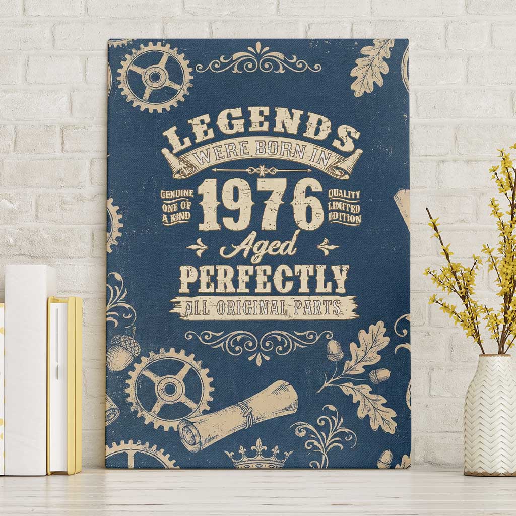 Legend 1976 Vintage Gears and Scrolls Design Canvas Wall Art with Crown Motif in Classic Blue and Beige Retro