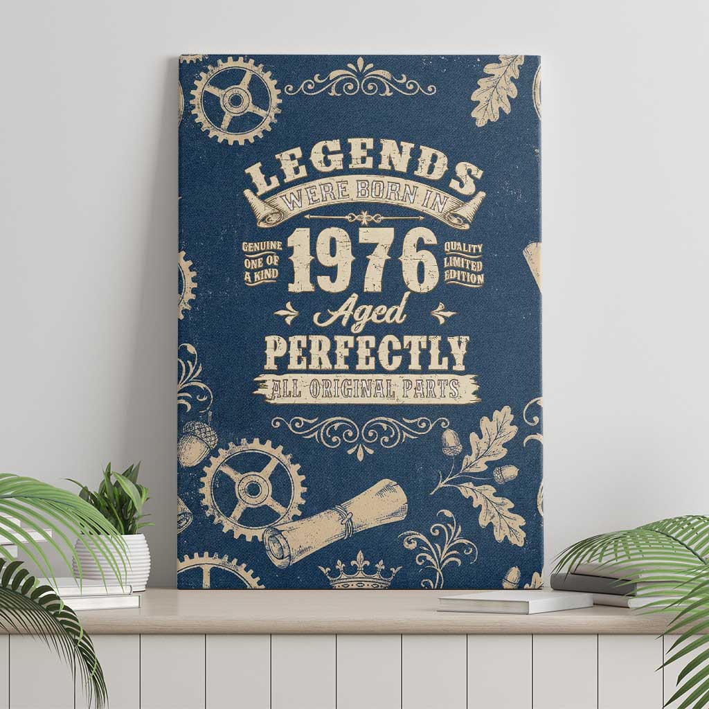 Legend 1976 Vintage Gears and Scrolls Design Canvas Wall Art with Crown Motif in Classic Blue and Beige Retro