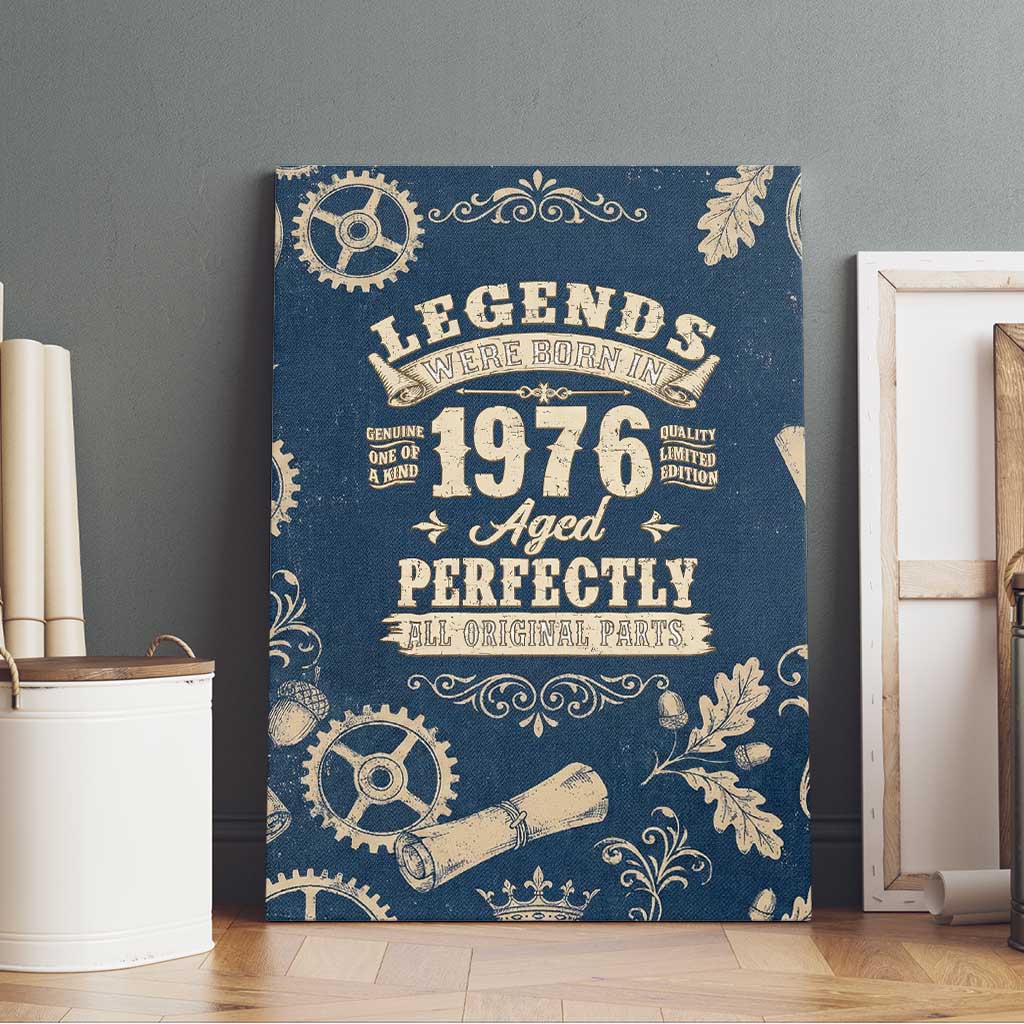 Legend 1976 Vintage Gears and Scrolls Design Canvas Wall Art with Crown Motif in Classic Blue and Beige Retro
