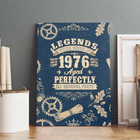 Legend 1976 Vintage Gears and Scrolls Design Canvas Wall Art with Crown Motif in Classic Blue and Beige Retro