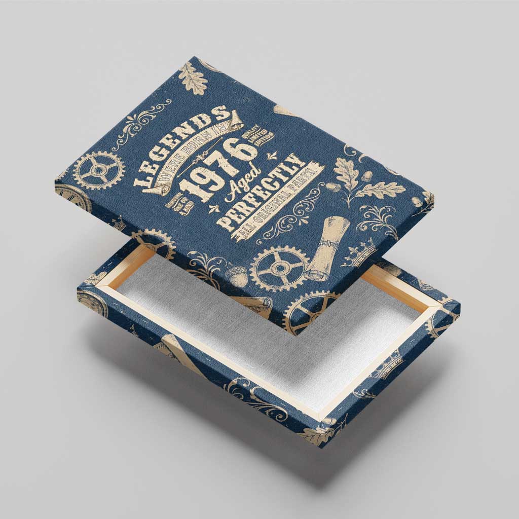 Legend 1976 Vintage Gears and Scrolls Design Canvas Wall Art with Crown Motif in Classic Blue and Beige Retro