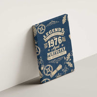 Legend 1976 Vintage Gears and Scrolls Design Canvas Wall Art with Crown Motif in Classic Blue and Beige Retro