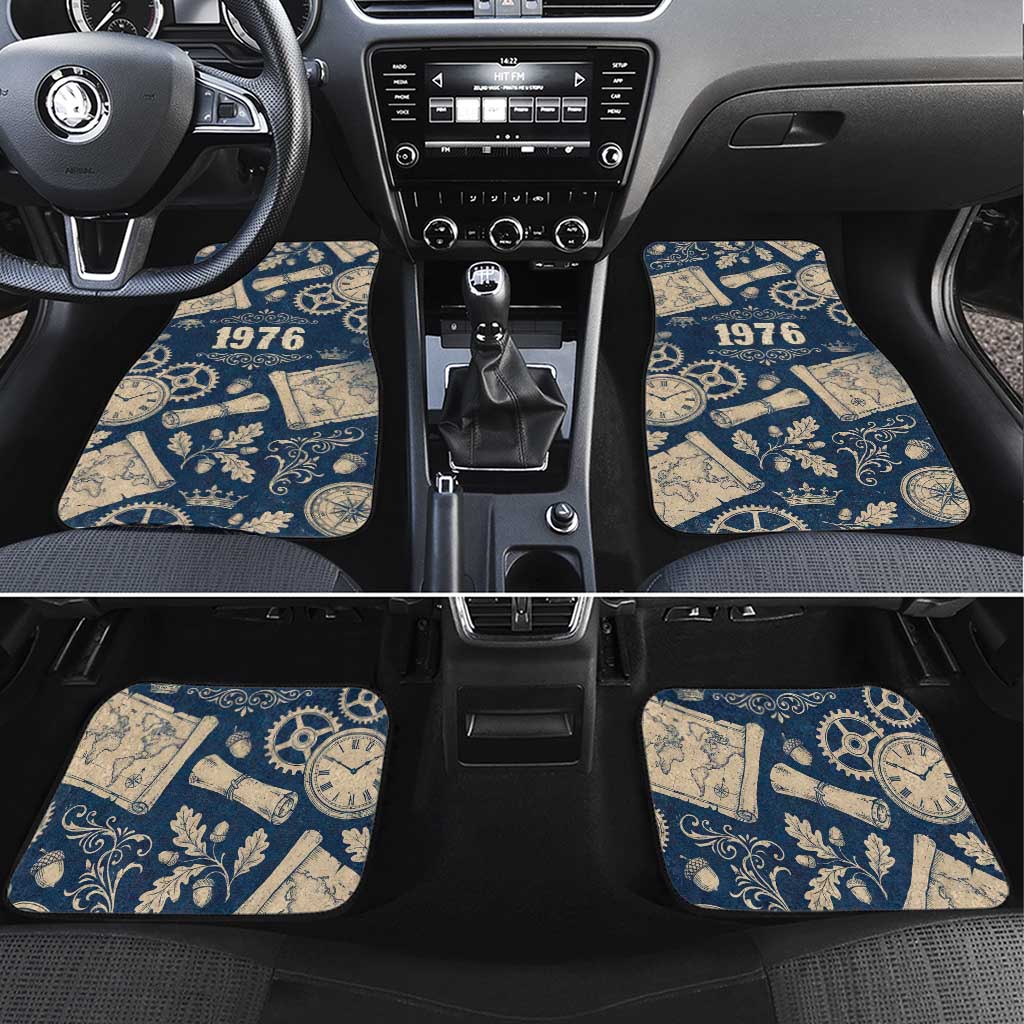 Legend 1976 Vintage Gears and Scrolls Design Car Mats with Crown Motif in Classic Blue and Beige Retro