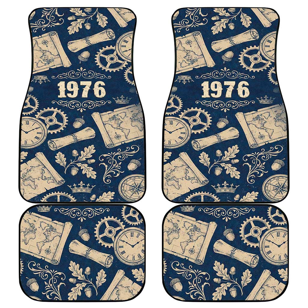 Legend 1976 Vintage Gears and Scrolls Design Car Mats with Crown Motif in Classic Blue and Beige Retro