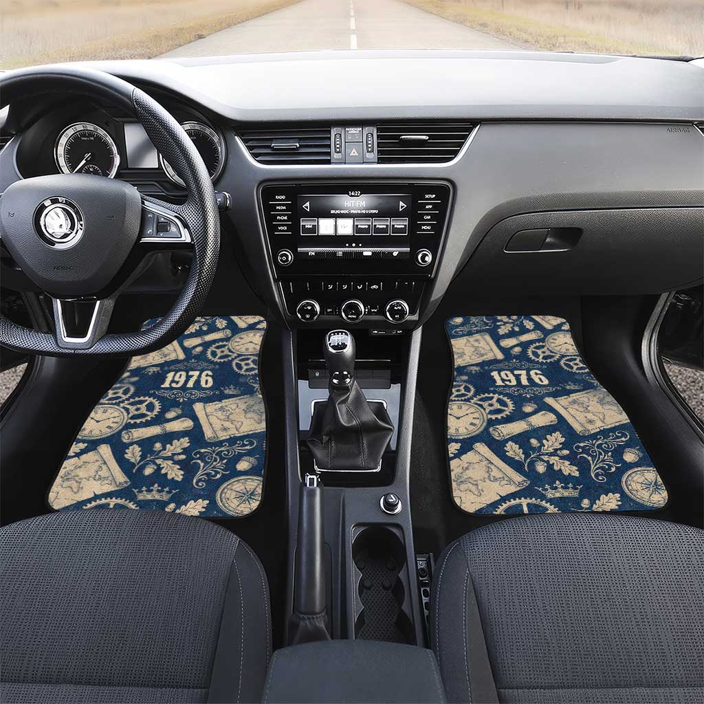 Legend 1976 Vintage Gears and Scrolls Design Car Mats with Crown Motif in Classic Blue and Beige Retro