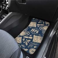 Legend 1976 Vintage Gears and Scrolls Design Car Mats with Crown Motif in Classic Blue and Beige Retro