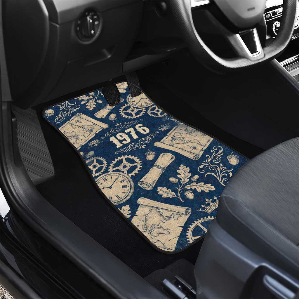 Legend 1976 Vintage Gears and Scrolls Design Car Mats with Crown Motif in Classic Blue and Beige Retro