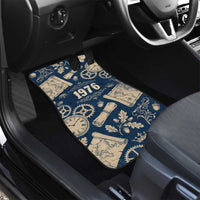 Legend 1976 Vintage Gears and Scrolls Design Car Mats with Crown Motif in Classic Blue and Beige Retro