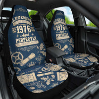 Legend 1976 Vintage Gears and Scrolls Design Car Seat Cover with Crown Motif in Classic Blue and Beige Retro