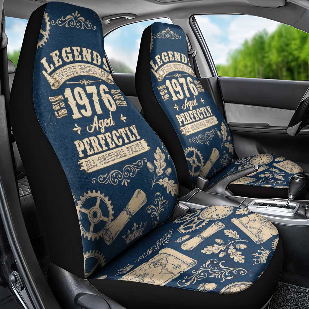 Legend 1976 Vintage Gears and Scrolls Design Car Seat Cover with Crown Motif in Classic Blue and Beige Retro