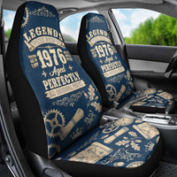 Legend 1976 Vintage Gears and Scrolls Design Car Seat Cover with Crown Motif in Classic Blue and Beige Retro