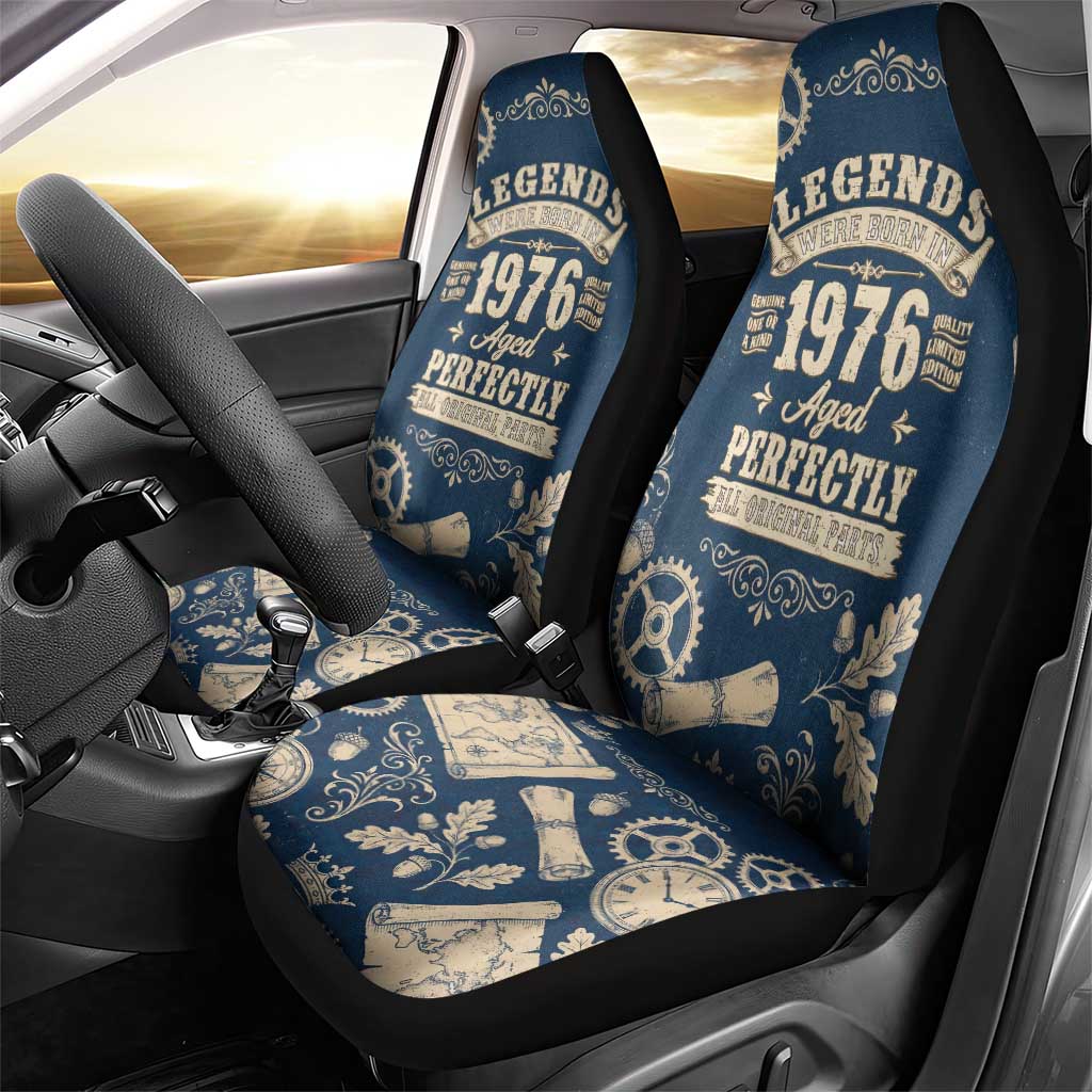 Legend 1976 Vintage Gears and Scrolls Design Car Seat Cover with Crown Motif in Classic Blue and Beige Retro