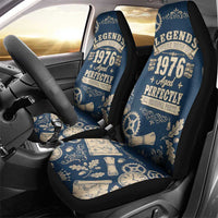 Legend 1976 Vintage Gears and Scrolls Design Car Seat Cover with Crown Motif in Classic Blue and Beige Retro