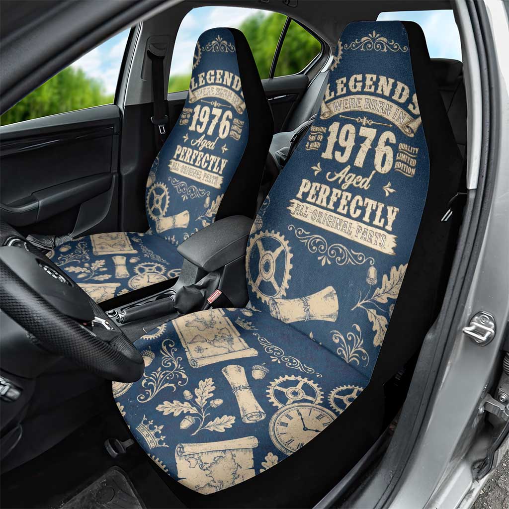 Legend 1976 Vintage Gears and Scrolls Design Car Seat Cover with Crown Motif in Classic Blue and Beige Retro