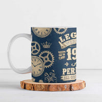 Legend 1976 Vintage Gears and Scrolls Design Ceramic Mug with Crown Motif in Classic Blue and Beige Retro