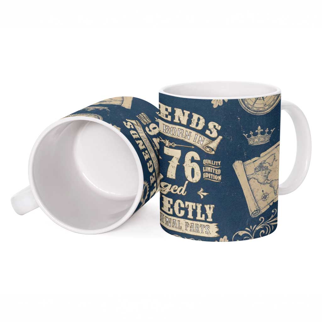Legend 1976 Vintage Gears and Scrolls Design Ceramic Mug with Crown Motif in Classic Blue and Beige Retro