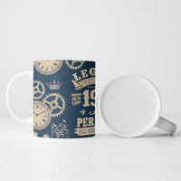 Legend 1976 Vintage Gears and Scrolls Design Ceramic Mug with Crown Motif in Classic Blue and Beige Retro