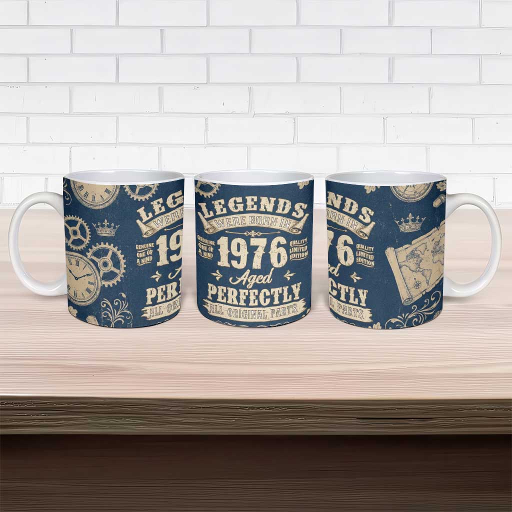 Legend 1976 Vintage Gears and Scrolls Design Ceramic Mug with Crown Motif in Classic Blue and Beige Retro