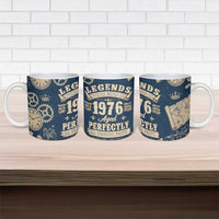 Legend 1976 Vintage Gears and Scrolls Design Ceramic Mug with Crown Motif in Classic Blue and Beige Retro