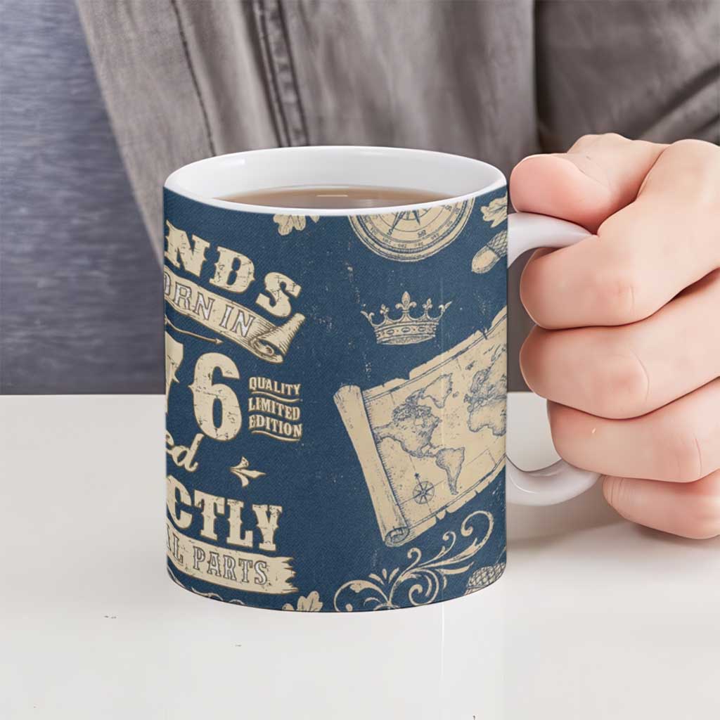 Legend 1976 Vintage Gears and Scrolls Design Ceramic Mug with Crown Motif in Classic Blue and Beige Retro