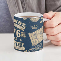 Legend 1976 Vintage Gears and Scrolls Design Ceramic Mug with Crown Motif in Classic Blue and Beige Retro