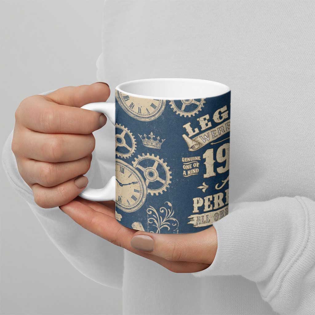 Legend 1976 Vintage Gears and Scrolls Design Ceramic Mug with Crown Motif in Classic Blue and Beige Retro