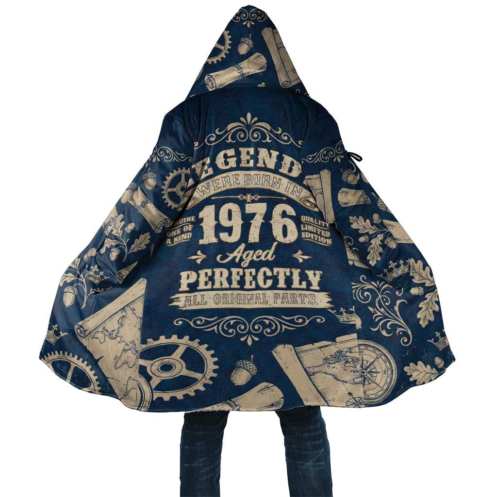 Legend 1976 Vintage Gears and Scrolls Design Cloak with Crown Motif in Classic Blue and Beige Retro