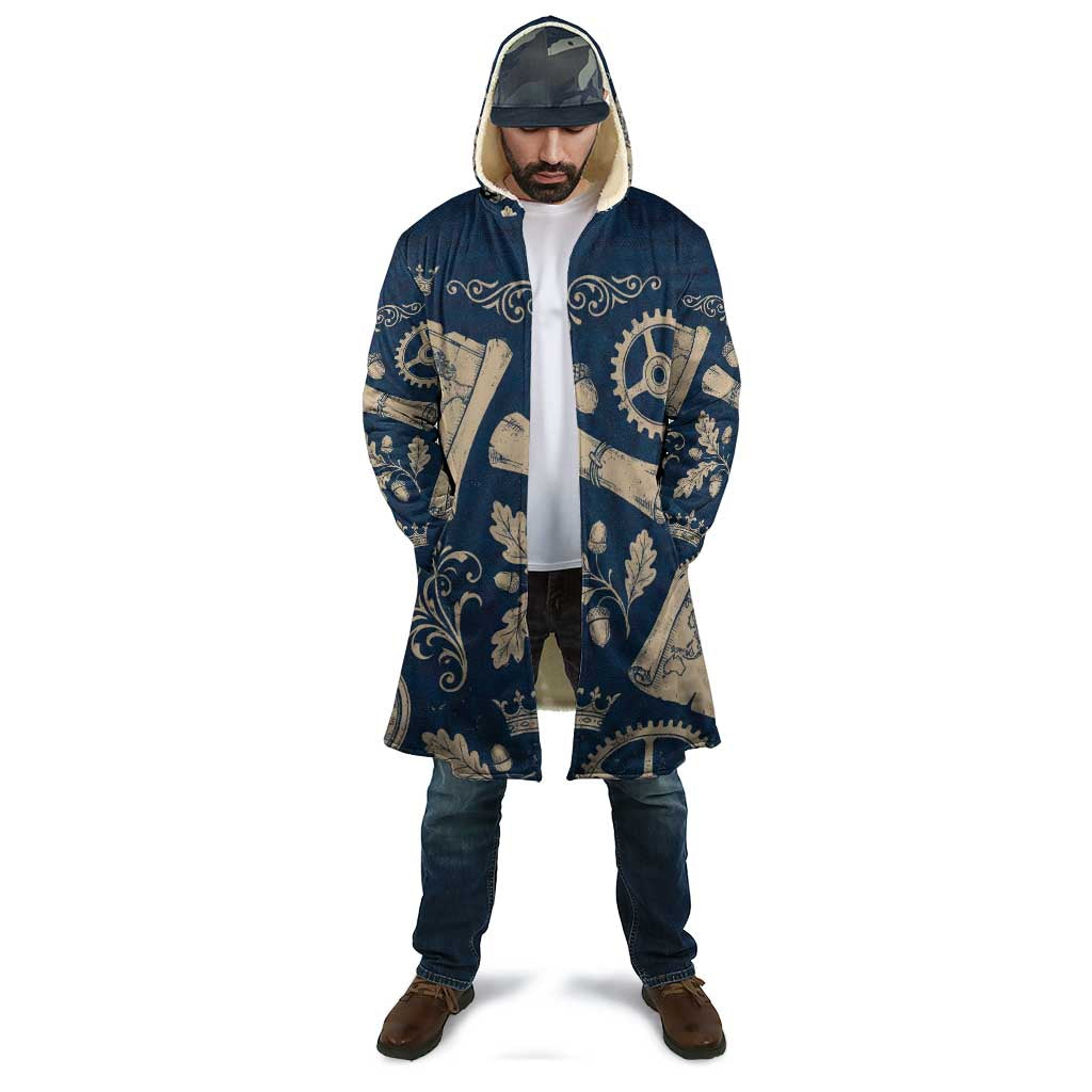 Legend 1976 Vintage Gears and Scrolls Design Cloak with Crown Motif in Classic Blue and Beige Retro