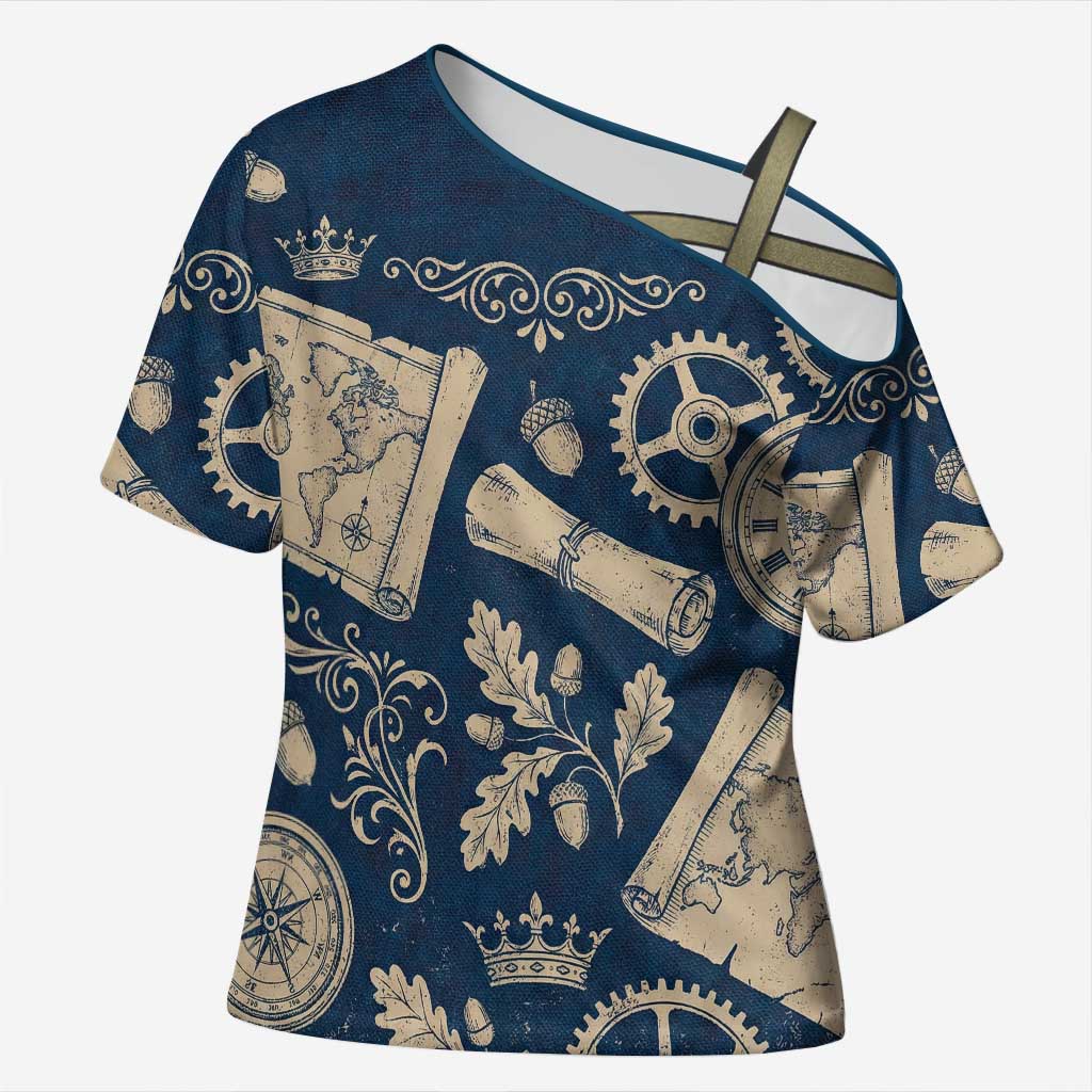 Legend 1976 Vintage Gears and Scrolls Design Cross Shoulder Shirt with Crown Motif in Classic Blue and Beige Retro