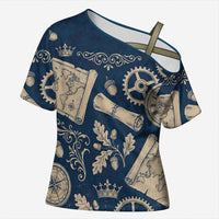 Legend 1976 Vintage Gears and Scrolls Design Cross Shoulder Shirt with Crown Motif in Classic Blue and Beige Retro