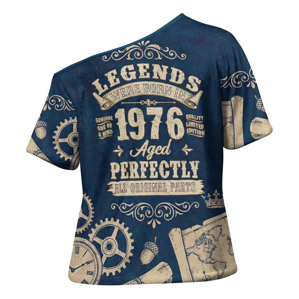 Legend 1976 Vintage Gears and Scrolls Design Cross Shoulder Shirt with Crown Motif in Classic Blue and Beige Retro