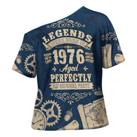 Legend 1976 Vintage Gears and Scrolls Design Cross Shoulder Shirt with Crown Motif in Classic Blue and Beige Retro