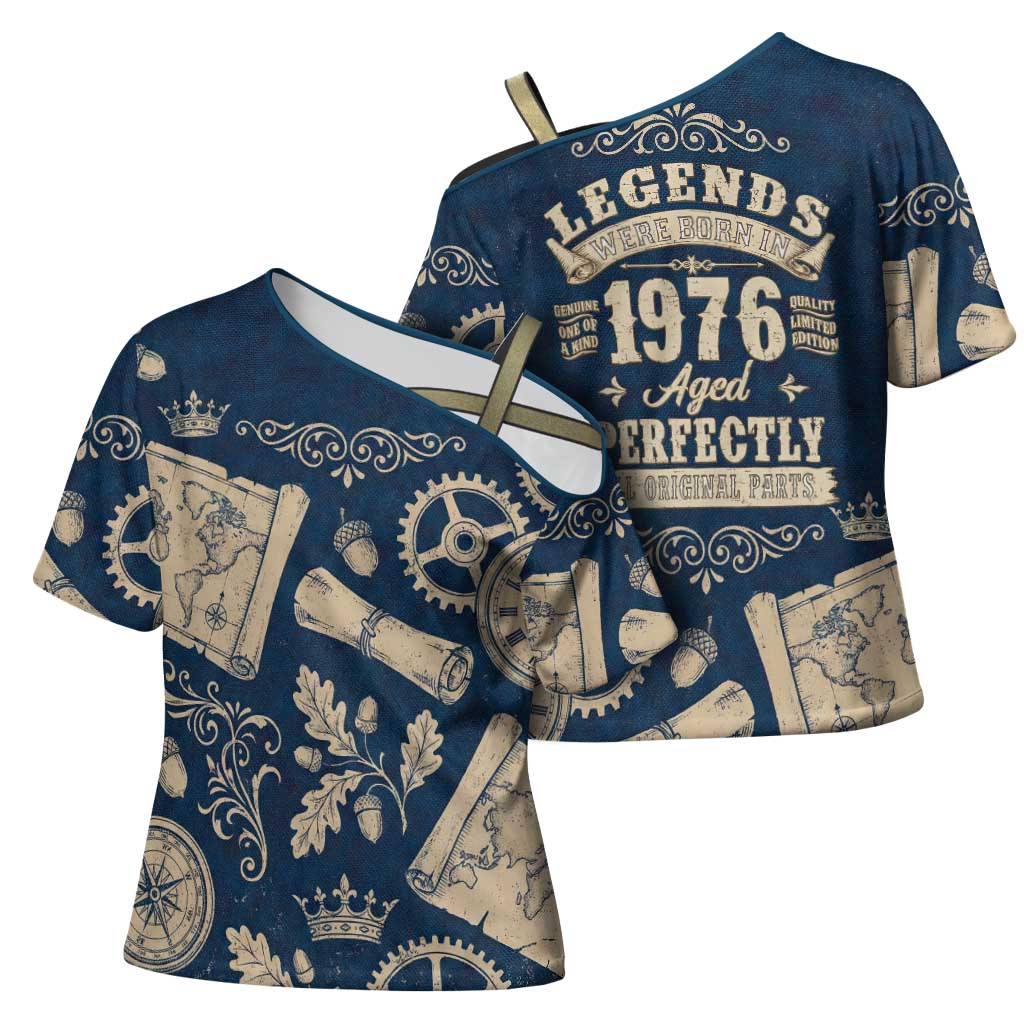 Legend 1976 Vintage Gears and Scrolls Design Cross Shoulder Shirt with Crown Motif in Classic Blue and Beige Retro