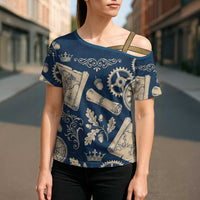 Legend 1976 Vintage Gears and Scrolls Design Cross Shoulder Shirt with Crown Motif in Classic Blue and Beige Retro