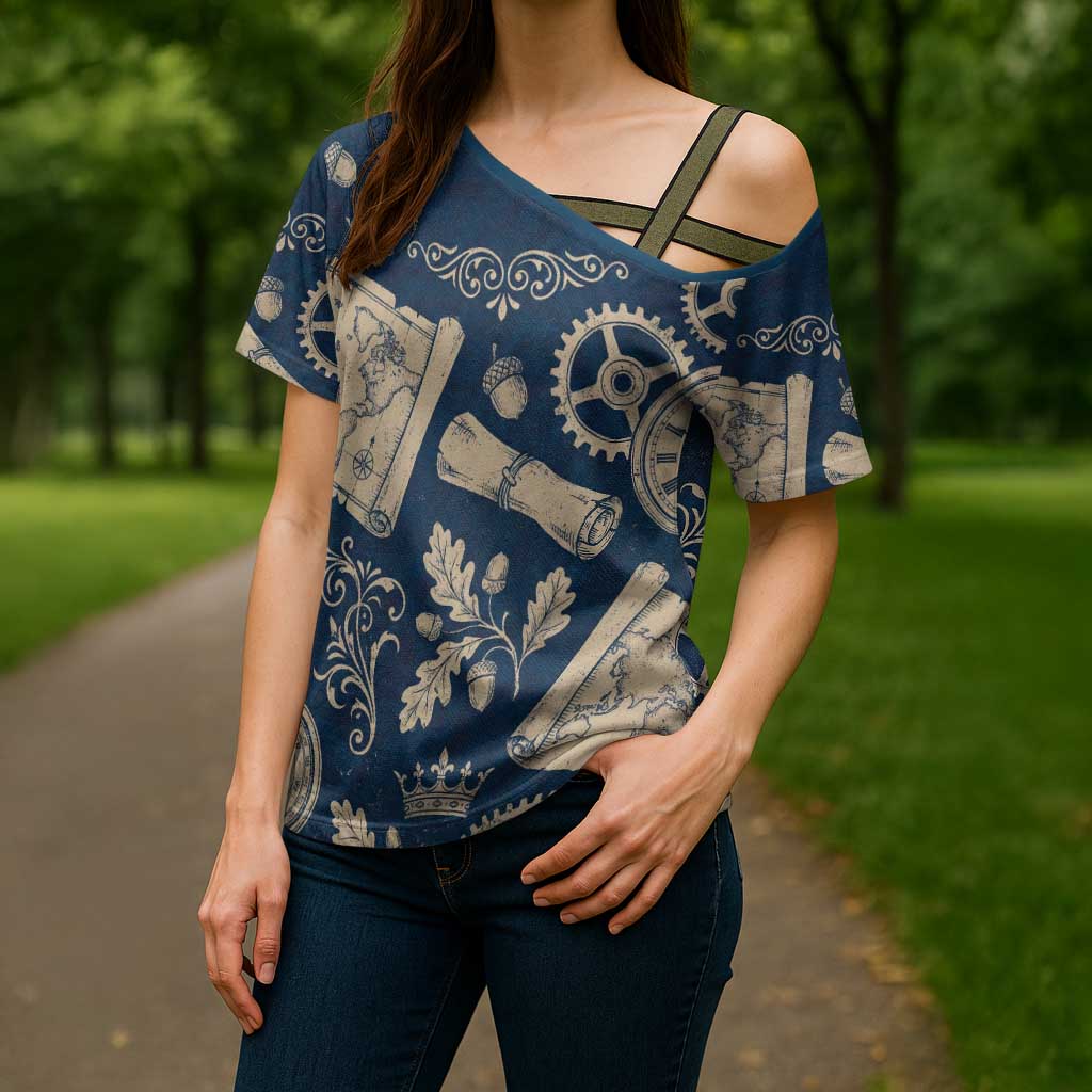 Legend 1976 Vintage Gears and Scrolls Design Cross Shoulder Shirt with Crown Motif in Classic Blue and Beige Retro