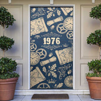 Legend 1976 Vintage Gears and Scrolls Design Door Cover with Crown Motif in Classic Blue and Beige Retro