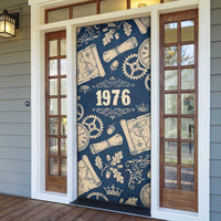 Legend 1976 Vintage Gears and Scrolls Design Door Cover with Crown Motif in Classic Blue and Beige Retro