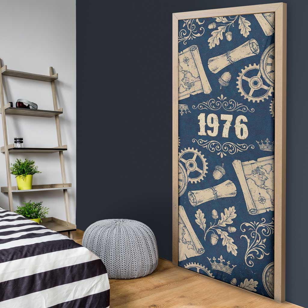 Legend 1976 Vintage Gears and Scrolls Design Door Cover with Crown Motif in Classic Blue and Beige Retro