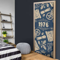 Legend 1976 Vintage Gears and Scrolls Design Door Cover with Crown Motif in Classic Blue and Beige Retro