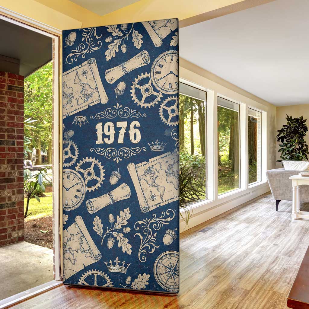 Legend 1976 Vintage Gears and Scrolls Design Door Cover with Crown Motif in Classic Blue and Beige Retro