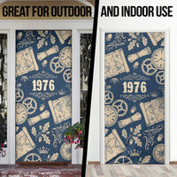 Legend 1976 Vintage Gears and Scrolls Design Door Cover with Crown Motif in Classic Blue and Beige Retro