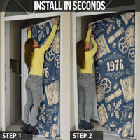 Legend 1976 Vintage Gears and Scrolls Design Door Cover with Crown Motif in Classic Blue and Beige Retro