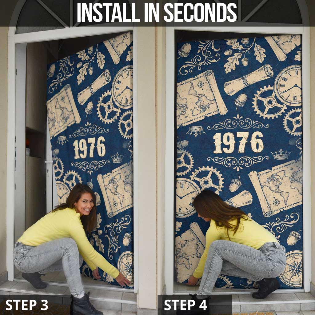 Legend 1976 Vintage Gears and Scrolls Design Door Cover with Crown Motif in Classic Blue and Beige Retro