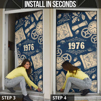 Legend 1976 Vintage Gears and Scrolls Design Door Cover with Crown Motif in Classic Blue and Beige Retro