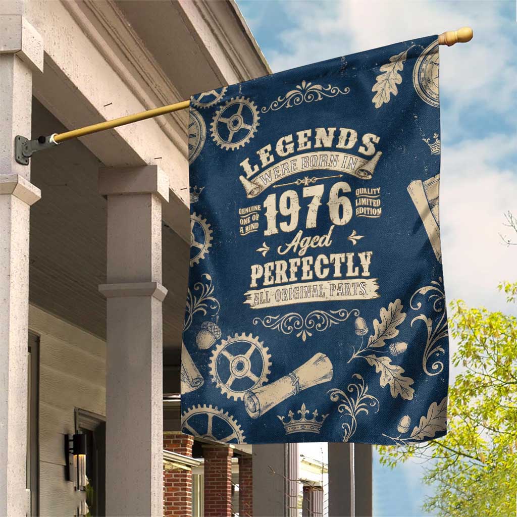 Legend 1976 Vintage Gears and Scrolls Design Garden Flag with Crown Motif in Classic Blue and Beige Retro