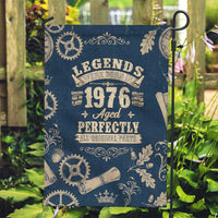 Legend 1976 Vintage Gears and Scrolls Design Garden Flag with Crown Motif in Classic Blue and Beige Retro