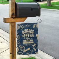 Legend 1976 Vintage Gears and Scrolls Design Garden Flag with Crown Motif in Classic Blue and Beige Retro