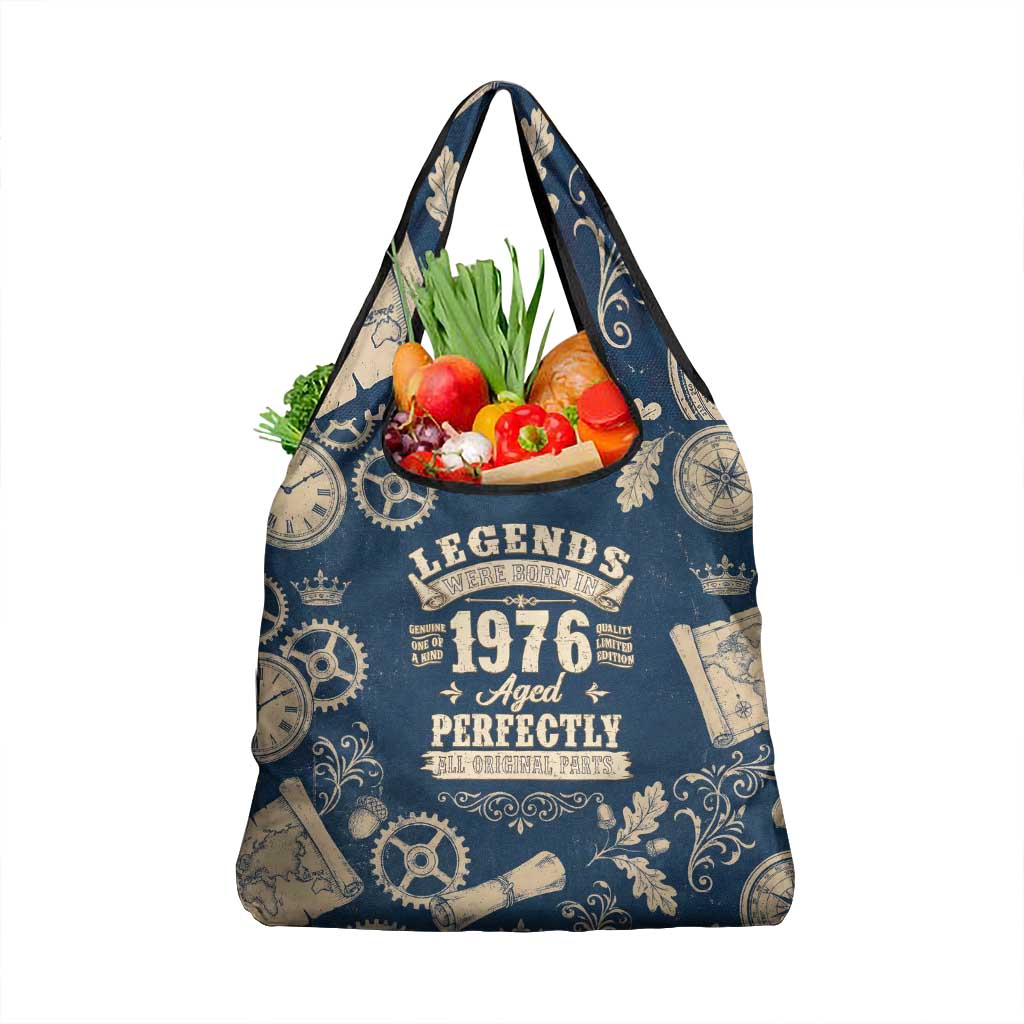 Legend 1976 Vintage Gears and Scrolls Design Grocery Bag with Crown Motif in Classic Blue and Beige Retro