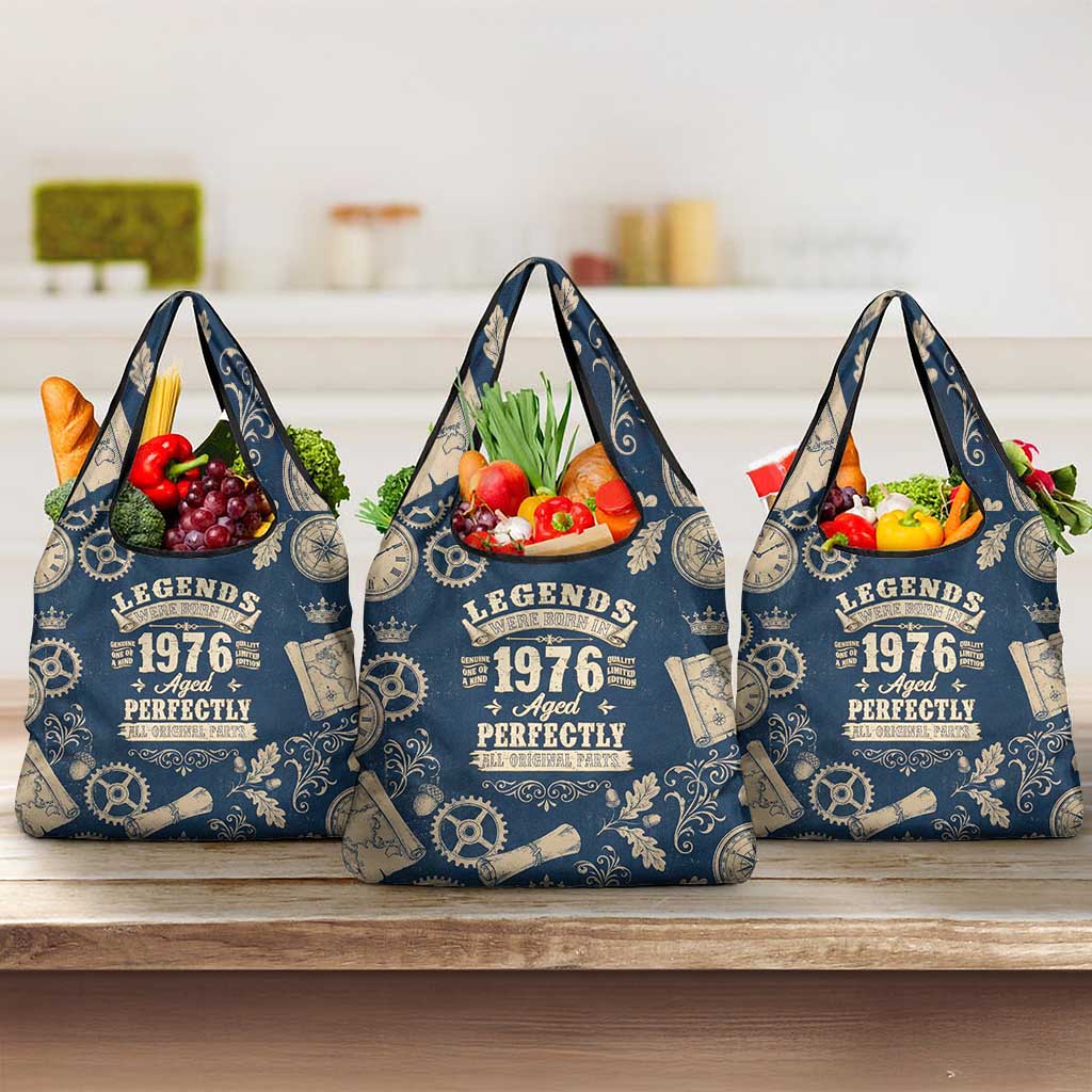 Legend 1976 Vintage Gears and Scrolls Design Grocery Bag with Crown Motif in Classic Blue and Beige Retro